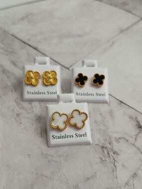Gold Clover Stainless Steel Earrings with White and Black Inlay, Gold Option